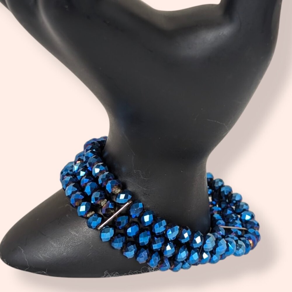 (2/$20) Blue Metallic Crystal Beaded Stretch Bracelet